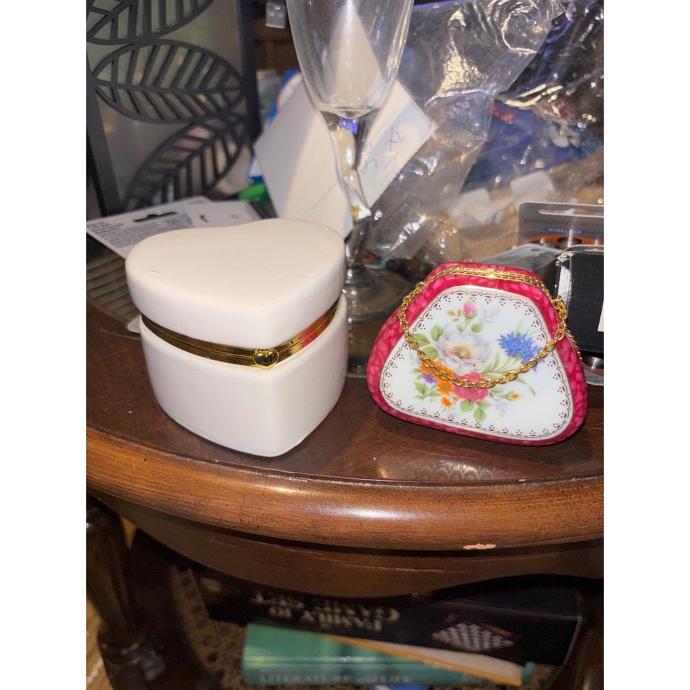 Ceramic Heart and Floral Purse Trinket Box Set White Pink Gold Hinged Jewelry